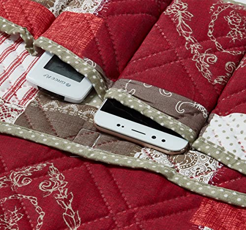 Brilliant Sunshine Burgundy Floral Patchwork Couch Armrest 5 Pockets Organizer, Slip Resistant Armchair Caddy, Washable Remote Controls Holder, Storage for Magazine, Tablet, iPad, 35×13", Burgundy - color: Burgundy
