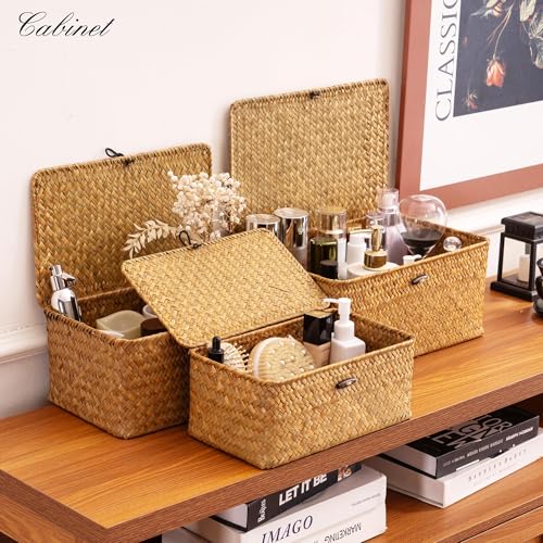 Nonam Storage Basket with Lid, Natural Seagrass Bin with Lid Set of 3, Shelf Baskets Multipurpose Container for Boho Decoration, Rectangular Household Storage Boxes for Home Organization-Natural - color: Natural* Set of 3