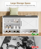 Farmhouse Shoe Storage Bench with Cushion, Entryway Bench with Adjustable Shelves and Open Bottom Shelf, Hidden Shoe Cabinet Storage for Entryway, Hallway, Living Room, Bedroom, White