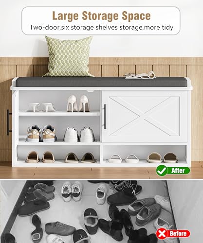 Farmhouse Shoe Storage Bench with Cushion, Entryway Bench with Adjustable Shelves and Open Bottom Shelf, Hidden Shoe Cabinet Storage for Entryway, Hallway, Living Room, Bedroom, White
