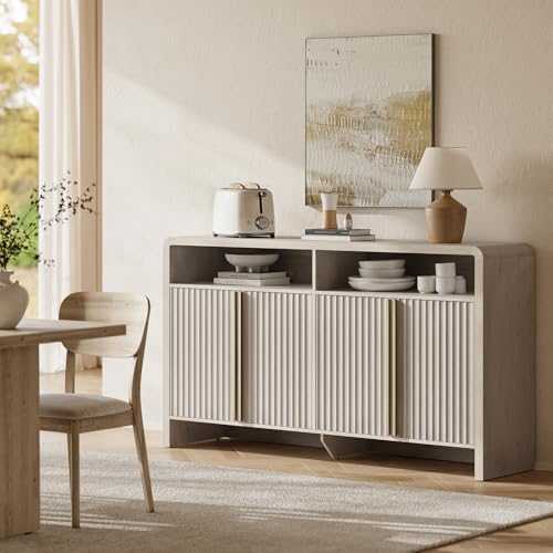 ModernMate 59" Sideboard Buffet Cabinet with Storage, Modern Fluted 4-Door Credenza Accent Cabinet with Open Storage Shelf, Curved Coffee Bar Table, Large Storage Cabinet for Living Room, Entryway