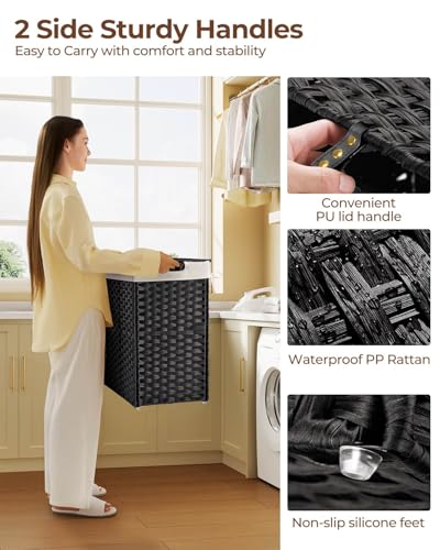 Greenstell Laundry Hamper with lid, No Install Needed, 130L Wicker Laundry Baskets Foldable 2 Removable Liner Bags, 2 Section Clothes Hamper Handwoven Rattan Laundry Basket with Handles, Black - color: Black, size: 130L (26.2x13.3x24.0 Inches)