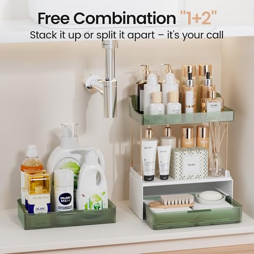 Delamu Bathroom Organizers and Storage, 2 Tier 2 Drawer Makeup Organizer Countertop, Easy to Install, Ideal for Bathroom Counter, Vanity, Ideal for Women Girls, Green - color: Green, size: 2Drawers 1 Pack