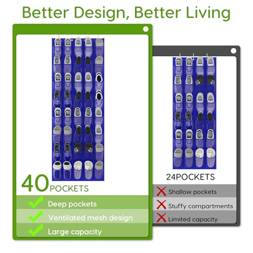 Unjumbly Over the Door Shoe Organizer with 40 Large Breathable Mesh Pockets, Space Saving Shoe Holder, Hanging Shoe Rack for Entryway Bedroom Closet Storage (Navy Blue, 40 Pockets) - color: Navy Blue, size: 40 Pockets