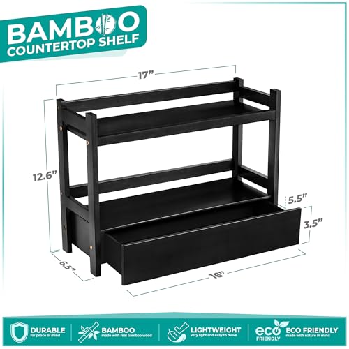 Sorbus Bamboo Bathroom Counter Organizer – 2-Tier Shelf with Hidden Drawer for Vanity, Matcha Station, Bathroom Sink Organizer Countertop, Kitchen & Office Storage (17″ L x 6.5″ W x 12.6″ H) (Black) - color: Black, size: 17" x 6.5" x 12.6"