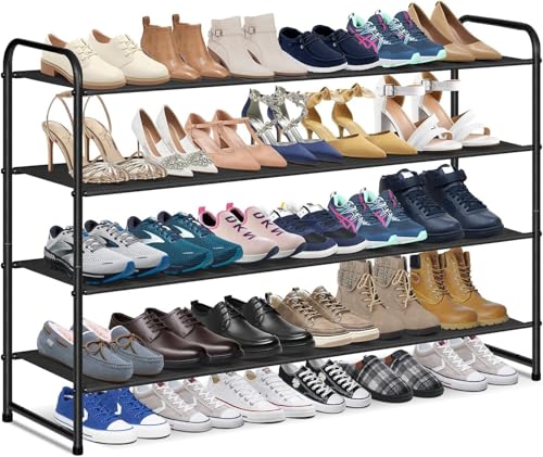 KIMBORA 4 Tier Long Shoe Rack for Closet Floor, Wide Shoe Shelf Storage Organizer 30-Pairs Stackable Sneaker Organizer for Closet, Bedroom (Black) - color: Black, size: 11.4 x 42.7 x 32.4