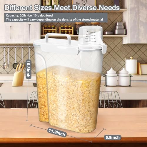 Komzon Rice Storage Containers, Airtight Cereal Containers Storage, with Pouring Spout Portable Handle for Flour, Pasta, Grain and Baking, Pet Dog Cat Bird Food Container 20lb White - color: 20lb White