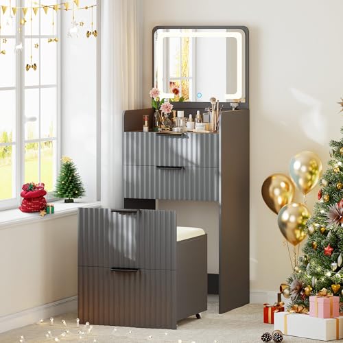 Gurexl Fluted Small Vanity Desk with Mirror and Lights, 3-in-1 Compact Makeup Vanity Set with Hidden Storage Stool, Mini Dressing Table with 3 Drawers, Gift for Little Girls/Kids (Grey) - color: Grey