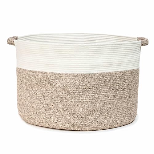 Blanket Basket - Woven Round Rope Storage Basket (24"Wx16"H) for Blankets & Throws, Small Laundry & Toy Organizer, Decorative Living Room & Bedroom Cotton Basket - White & Brown - color: White & Brown, size: XXL-24"Wx16"H