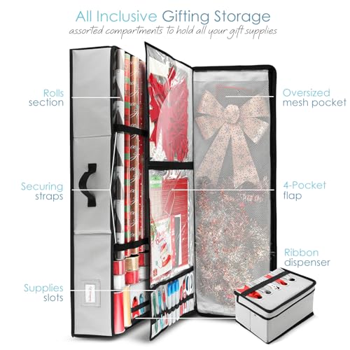 Hearth & Harbor Wrapping Paper Storage Container - Christmas Storage Bag with Ribbon Dispenser and Interior Pockets - Gift Wrap Organizer Fits Up to 26 Rolls of 40" Length, Silver - color: Silver, size: Large