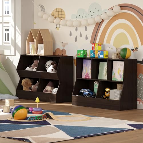 DINZI LVJ Toy Storage Organizer, Kids Bookshelf, Wood Toy Storage Cabinet, 5 Cubby Children Bookcase, 39.4" L Toddler Book Shelf for Playroom, Living Room, Nursery, Hallway, School, Espresso - color: Espresso, size: 2-Tier 39.4"