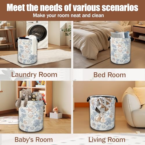 Seashells Starfish Laundry Basket,Waterproof Foldable Laundry Hamper,Dirty Clothes Basket, Linen Bin Storage Organizer Collection 16" x 20.8" - color: Seashells Starfish