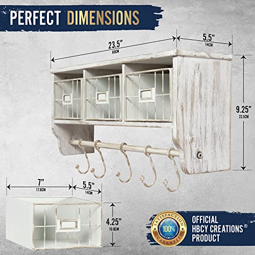 HBCY Creations Wall Mounted Shelf with Coat Hooks and Baskets, Solid Wood Entryway Organizer Wall Shelf with Hooks - Hang Coats, Keys or Coffee Mugs, Rustic Brown 24" Wide - color: Rustic Brown