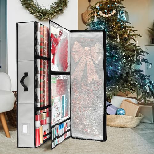 Hearth & Harbor Wrapping Paper Storage Container - Christmas Storage Bag with Ribbon Dispenser and Interior Pockets - Gift Wrap Organizer Fits Up to 26 Rolls of 40" Length, Silver - color: Silver, size: Large