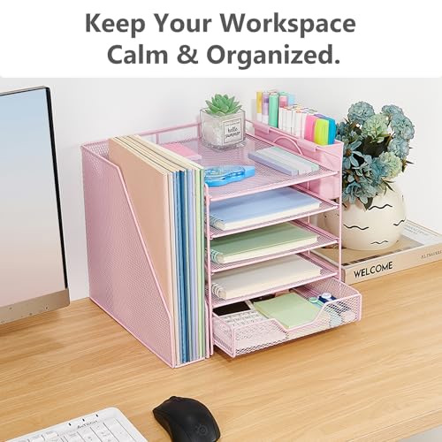 Desk Organizer, 5-Tier Paper Letter Tray Organizer with File Holder, Drawer and Pen Holder, Desktop Organizer for Office Supplies, Pink - color: Pink