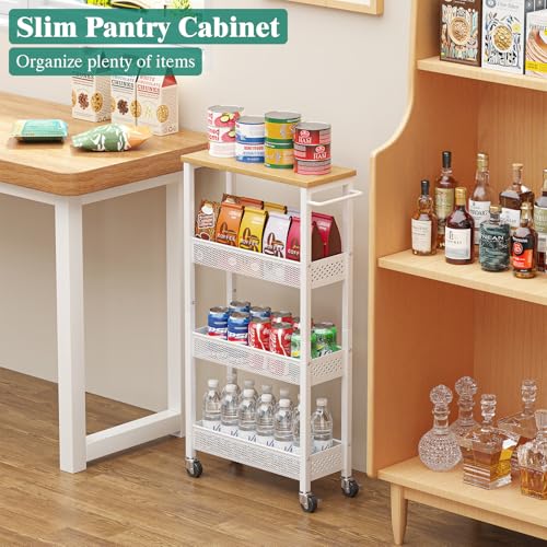 Giwil Slim Rolling Storage Cart 4 Tier Bathroom Organizer Mobile Shelving Unit Utility Cart with Wood Top and Handle for Kitchen Laundry Narrow Places, White - color: White, size: 4 Tier (W-7.1IN)