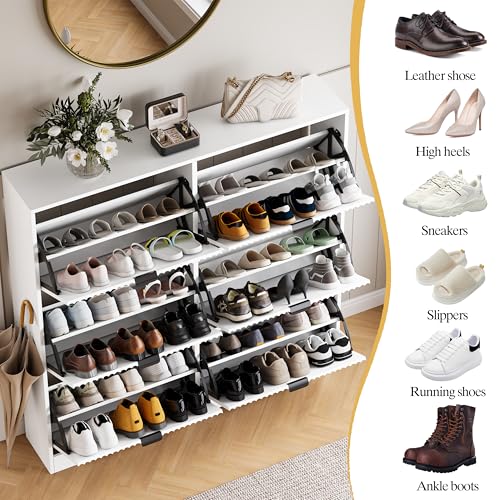 HUANLEGO Shoe Cabinet Storage for Entryway with 6 Flip Drawers, White Fluted Shoe Cabinet with Adjustable Shelves, Wooden Hidden Shoe Rack Freestanding Narrow Slim Shoes Storage for Hallway, Entrance - color: White, size: 6 Drawer