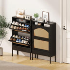 YIKEHOME 23.5" Shoe Storage Cabinet with 2 Rattan Flip Drawers, Freestanding Slim Shoe Organizer with Built-in Recessed Power Strip for Entryway, Foyer, Hallway, Black