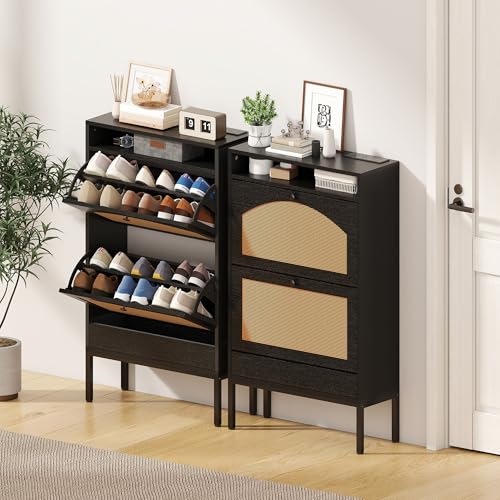 YIKEHOME 23.5" Shoe Storage Cabinet with 2 Rattan Flip Drawers, Freestanding Slim Shoe Organizer with Built-in Recessed Power Strip for Entryway, Foyer, Hallway, Black
