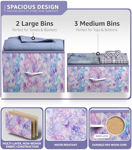 Sorbus Kids Dresser with 5 Drawers - Storage Chest Organizer Unit with Steel Frame, Wood Top & Handles, Tie-dye Fabric Bins for Clothes - Wide Furniture for Bedroom Hallway Kids Room Nursery & Closet - color: Purple Tie Dye, style: 5-Drawer