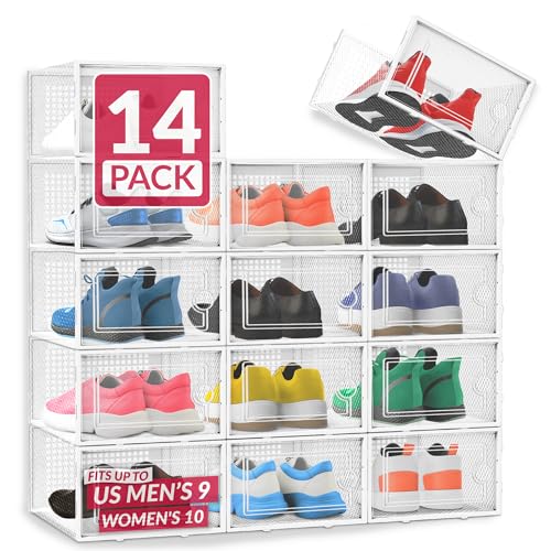 Reli. Shoe Boxes (14 Pack) | Clear Shoe Storage Boxes Stackable and Compact | Lightweight Plastic Storage Box with Ventilation Holes, Swing Door | Interlocking Containers, Stackable Rack | White