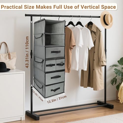 Durable 6-Tier hanging closet organizer with 5 Drawers & 3 Side Pocket,Thickened Fabric Hanging Shelves Holder with Sturdy Hook,Space-saving Storage Organization for Bedroom,Dorm,Guestroom,RV,Bathroom - style: Inseparable-6 Tier