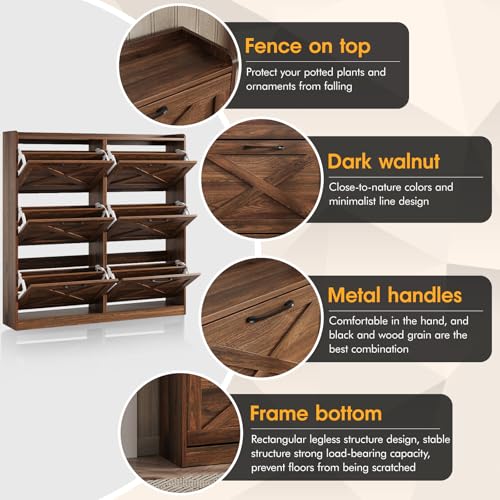 Maupvit Large Shoe Storage Cabinet with 6 Flip Drawers, Freestanding Shoe Organizer with Metal Handles for Entryway, Narrow Shoe Rack Cabinet, Dark Walnut - color: Dark Walnut, style: 6-Drawers