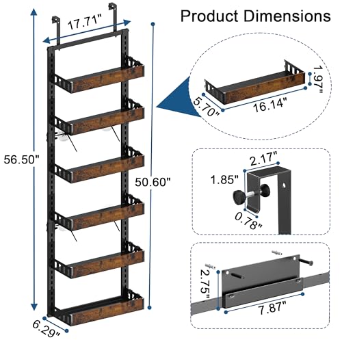 BUKFEN 6-Tier Over the Door Pantry Organizer, 2-in-1 Door Hanging or Wall Mounted Spice Rack, Heavy Duty Metal Storage Shelves with Adjustable Wooden Baskets for Kitchen Bathroom Closet - color: Black pole wood color, size: 6 Tier