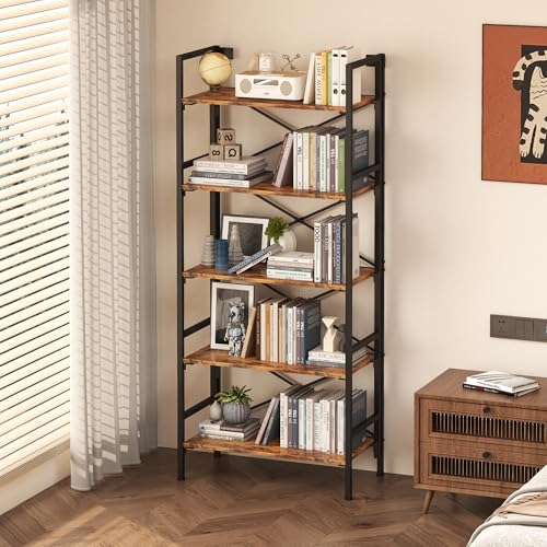 Homeiju Folding Bookshelf,5 Tier Bookcase Foldable Shelf with X-Bracket Design, Adjustable Feet, Space Saving Storage for Living Room, Office, Rustic Brown - color: Rustic Brown, size: 5 Tier