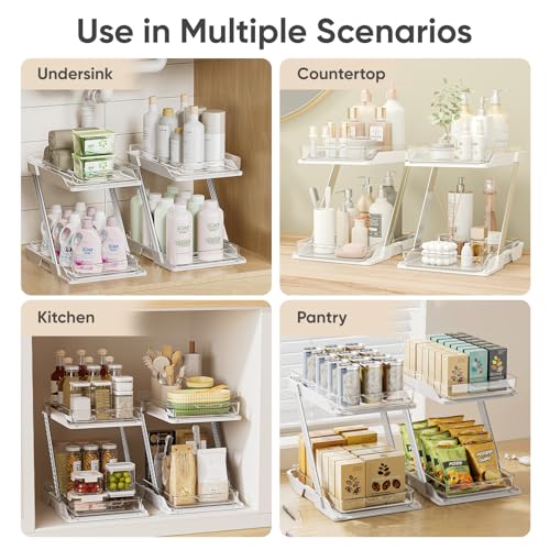 2 Pack Bathroom Organizers and Storage - Multi-Purpose,2-Tier Clear Pull Out Organization for Bathroom,Under Sink,Kitchen,Vanity,Countertop,Cabinet,Pantry & Medicine Cabinet,White