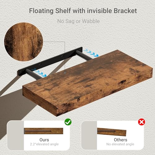 Vivelove Bathroom Floating Shelves for Wall 16 inchs Long, Display Shelves with Invisible Brackets for Living Room, Bedroom, Kitchen, Shelves Over Toilet Farmhouse Home Decor - Set of 2, Rustic Brown - color: Rustic Brown, size: 16”Wx6.7”Dx1.4”H