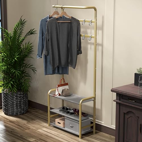 Simple Houseware Coat Rack with Storage Shelf, Freestanding Hall Tree with Hooks for Entryway, Bedroom, Office, Black Metal Clothes Hanger Stand for Coats, Hats, Jackets, Bags - Champagne Gold - color: Champagne Gold