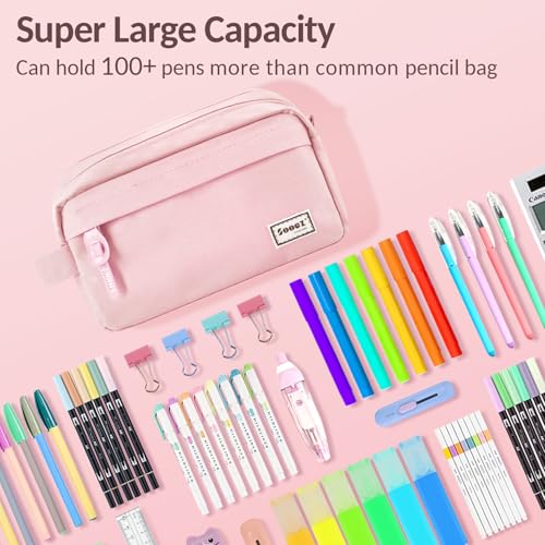 Sooez Original High Capacity Pencil Case, Big Pencil Bag Pouch Box Organizer Pen Case, Aesthetic Supply for Girls Adults, Portable Journaling Supplies with Easy Grip Handle & Loop, Pink - color: Light Pink
