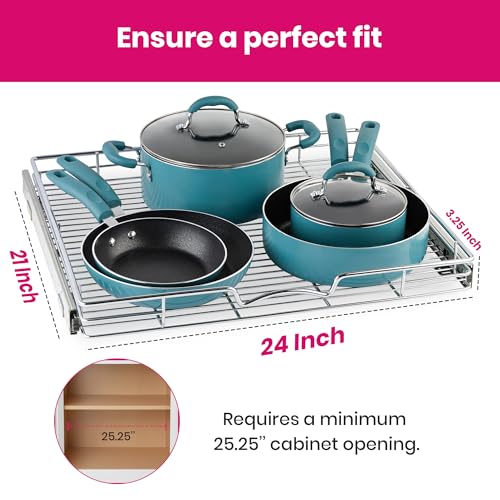 HOLDN’ STORAGE Pull Out Cabinet Organizer, Heavy Duty Caddy w/Lifetime Limited Warranty -24”W x 21”D - Requires At Least 25-1/4” Cabinet Opening, Steel Metal Cabinet Drawers Slide Out, Chrome - size: 24"W x 21"D