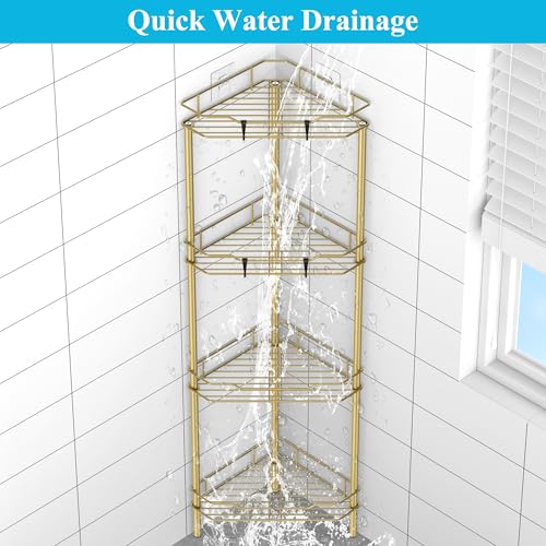 HuggieGems 4 Tier Floor Standing Corner Shower Caddy Organizer Shelf with Hooks, Bathroom Shelves Stand Rack, Gold - color: Gold, size: 4 Tier