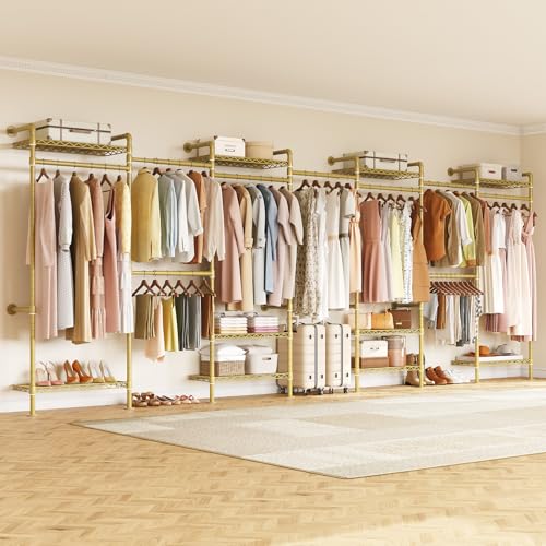 ONBRILL L7 Wall Mounted Industrial Pipe Clothing Rack – Heavy Duty Modular Closet System with 9 Hanging Rods ( 6 Expandable) & 10 Adjustable Shelves, Corner Garment Rack, Large Wardrobe - Gold - color: Gold