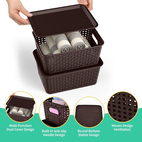 8-Pack Brown Plastic Storage Baskets with Lids, Label Organizers, Stackable Organizer Containers: For Organizing Shelves, Drawers, Desk Closets, Playrooms, Classrooms, Offices - color: Brown