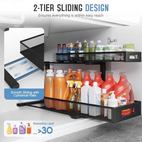 2 Pack 20.47IN Depth Under Sink Storage Organizer, Large 2-Tier Elegant Mesh Pull Out Shelf for Kitchen and Bathroom Cabinet Organization, L-Shaped and Adjustable Height Design-Black - color: Black, size: 2 Pack-20.47"Dx11.4"-16.14"H