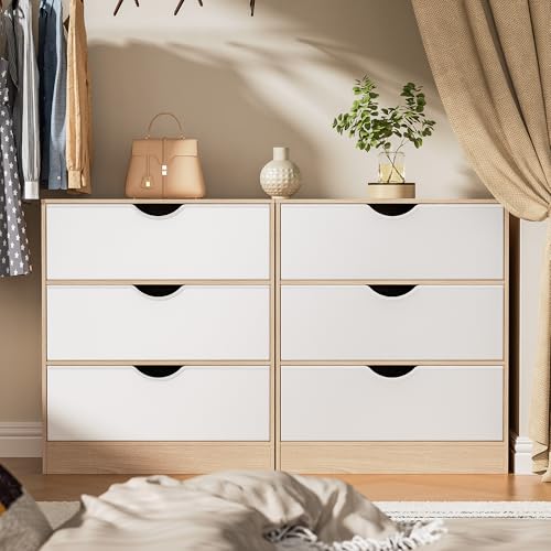Housoul 3 Drawers Dresser (Set of 2) for Bedroom with Fabric PU Drawer, Wood Frame Dresser with Large Organizer, Chest of Drawers for Closet, Living Room, Hallway, Oak and White - color: Oak & White, size: 15.6"D x 27"W x 32"H (6 Drawers)