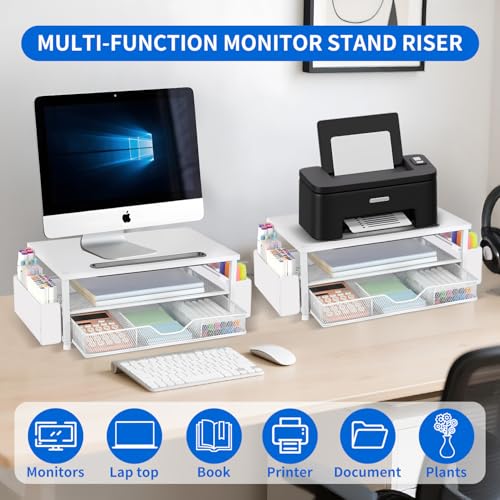 AUPSEN White Monitor Stand Riser, 2-Tier Wood Computer Desk Organizer with Drawer, Pen Storage & Phone Holder, Office Desk Accessories Desktop Organizer for Office Supplies - color: White Wood
