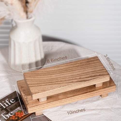 zoocatia Small Wood Tray Pedestal Stand Farmhouse Bathroom Decor Decorative Wooden Riser Kitchen Soap Dish Holder for Vanity, Counter, Sink, 10" x 4.5" - Brown - color: Brown, size: 10" x 4.5" x 1.6"
