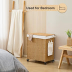 Handwoven Hamper with Lid, Laundry Basket with Wheels, Machine Washable Liner, 2 Section Clothes Hamper for Bathroom Laundry Room Bedroom, Rattan, 125L - color: Rattan/With Lid/125L