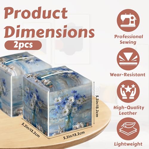 Tissue Holder - Blue White Flowers Tissue Box Cover,Beach Starfish Seashell Leather Tissue Box Cover Square, Paper Facial Decorative Tissues Cover for Bathroom Home Car Nightstand Vanity Desk, 2 Pcs - color: Blue White Flowers Beach Starfish Seashell