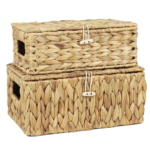 Set of 2 Wicker Baskets with Lid, Small Woven Wicker Storage Bins, Natural Water Hyacinth Basket Multipurpose Decorative Storage Boxes for Shelf Organizer (11.2" x 7.8" x 5.1" + 10" x 6.1" x 3.8") - size: 11.2" x 7.8" x 5.1" + 10" x 6.1" x 3.8"