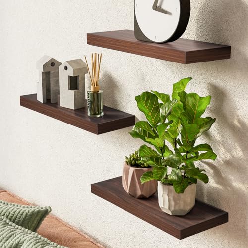 BAYKA Floating Shelves for Wall, Set of 3, Wall Mounted Rustic Wood Shelves for Bathroom, Bedroom, Living Room, Kitchen, Small Hanging Shelf for Books/Storage/Room Decor, Walnut-Like, 15.7in - color: E. Walnut-like - Timeless Traditional Style, size: 15.7