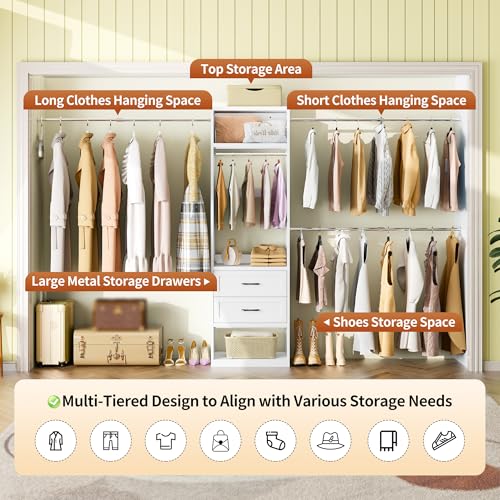 79"H Closet System, 2-8.2FT Metal Closet Organizer with 4 Expandable Hanging Rods, Walk In Closet Organizers and Storage, Clothes Closet with 5 Hanging Zones, 2 Drawers, 2 Shelving Towers
