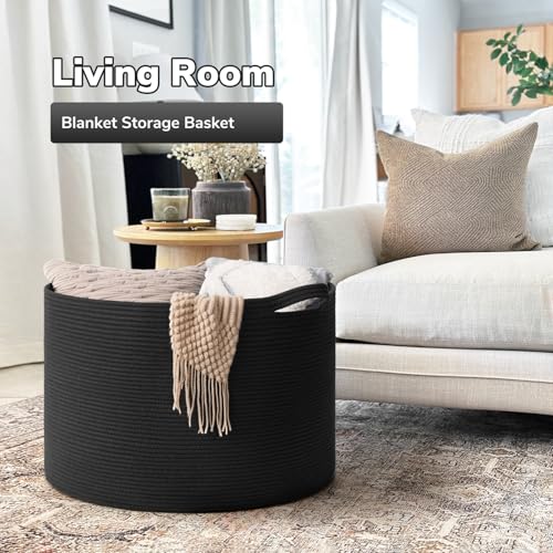 Goodpick Large Storage Basket, 23.5'' x 15.8'' Woven Storage Baskets, Cotton Rope Toy Storage for Kids Decorative Laundry for Home, Perfect for Living Room, 115L Black - color: Black, size: 23.5x23.5x15.8 Inch (Pack of 1)