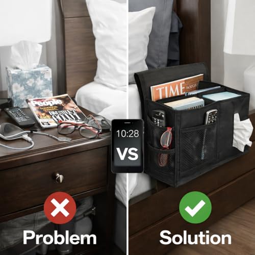 Dependable Industries inc. Essentials 7 Pocket Bedside Caddy Organizer for Bed Couch or Sofa Hanging Storage for Phone Remote Glasses Tissues Magazines Black