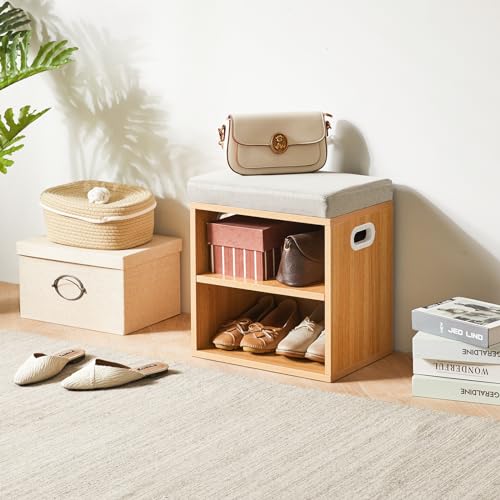 YMYNY Shoe Storage Bench with Cushion, 2 Tier Shoe Rack with Padded Seat, Adjustable Shoe Organizer Cabinet for Entryway, Living Room, Hallway, Closet, Bedroom, 15.4L*11W*16.54H, Natural, UHBD028N - color: Natural