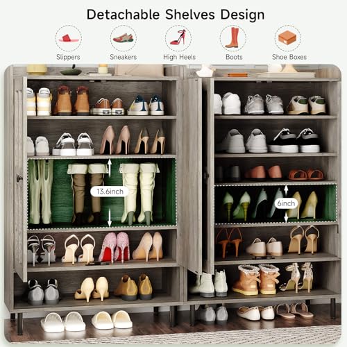 ONBRILL Shoe Cabinet with Cross Molding Doors, 6-Tier Shoe Storage Cabinet with 3 Adjustable Shelves and Metal Legs, 45'' Tall Shoes Rack Organizer Cabinet for Entryway, Front Door, Gray Wash - color: Gray Wash